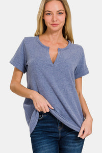 Zenana Notched Short Sleeve Waffle T-Shirt Trandify deal