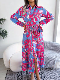 Tied Button Up Long Sleeve Dress Trendsi