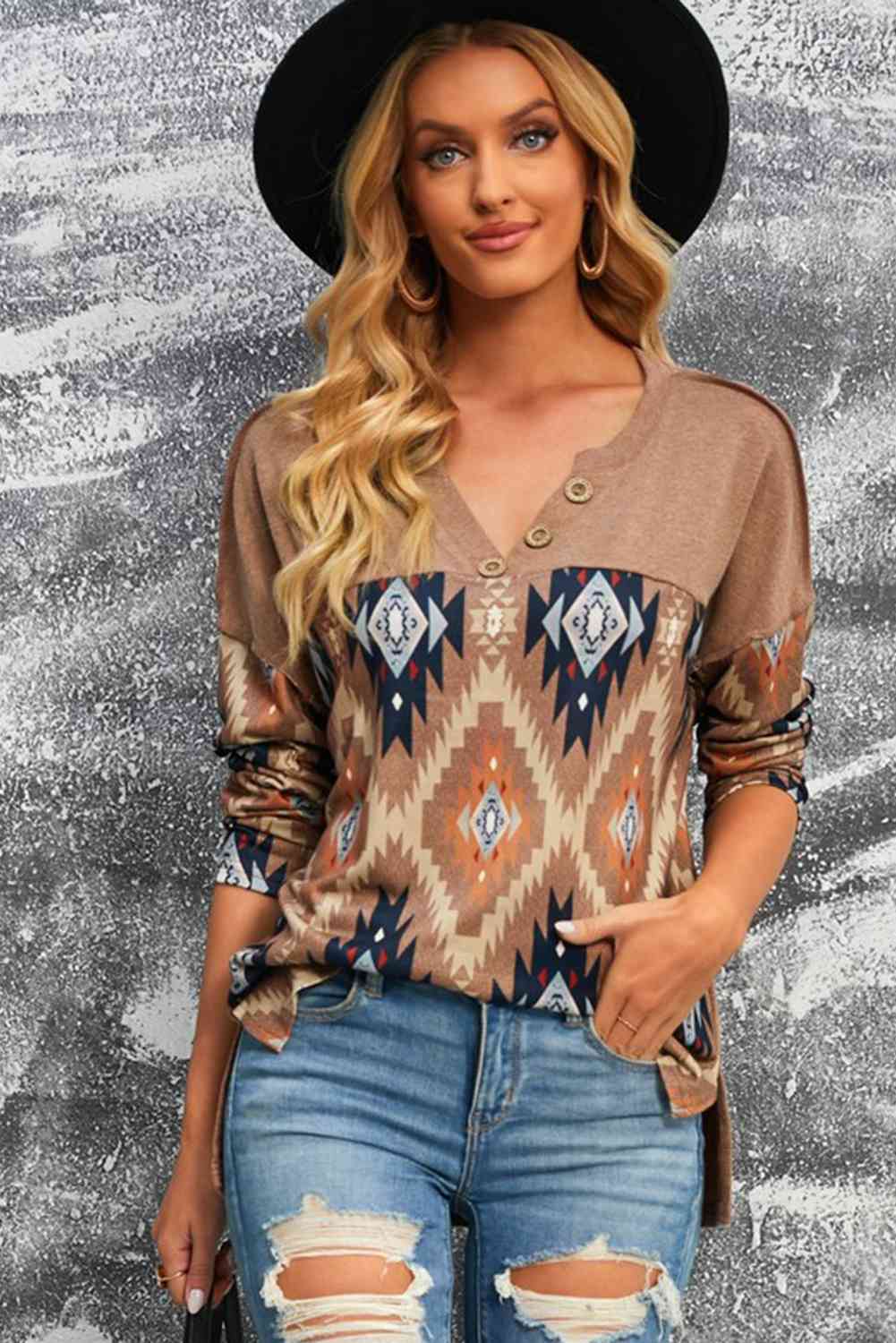 Brown Western Print Buttoned V Neck Top Trandify deal