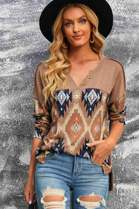 Brown Western Print Buttoned V Neck Top Trandify deal