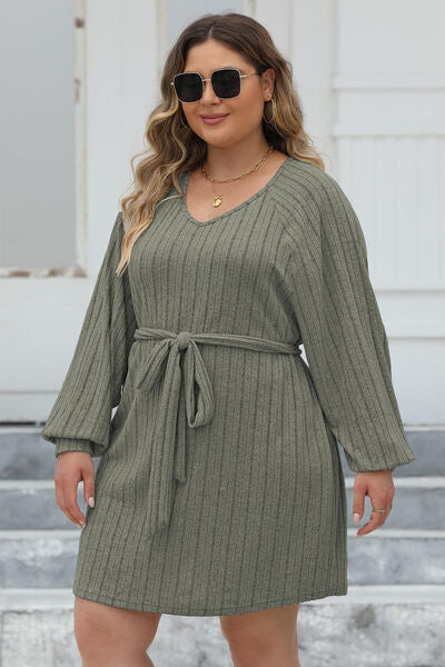 Plus Size Ribbed Tie Front Long Sleeve Sweater Dress Trandify deal