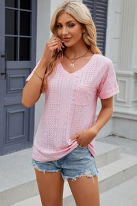 Eyelet V-Neck Short Sleeve T-Shirt Trandify deal