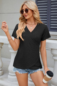 Eyelet Surplice Short Sleeve T-Shirt Trandify deal