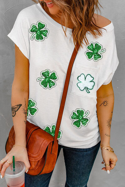 Sequin Lucky Clover Boat Neck T-Shirt Trandify deal