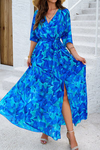 Devine Printed Tied Half Sleeve Slit Dress Trandify deal