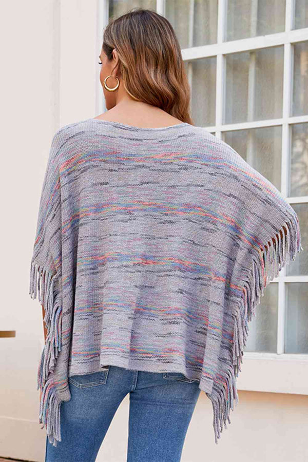Round Neck Fringe Detail Sleeve Poncho Trandify deal