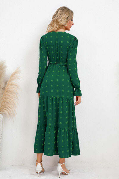 Swiss Dot Tied Surplice Flounce Sleeve Dress Trandify deal