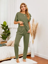 Round Neck Top and Pants Lounge Set Trandify deal