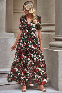 Floral V-Neck Short Flounce Sleeve Dress Trandify deal