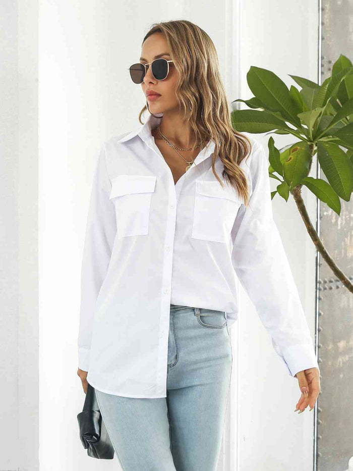 Collared Neck Buttoned Shirt with Pockets Trandify deal