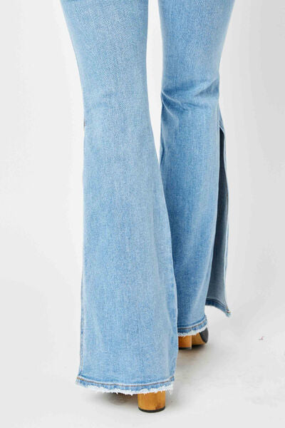 Judy Blue Full Size Mid Rise Raw Hem Slit Flare Jeans Trandify deal