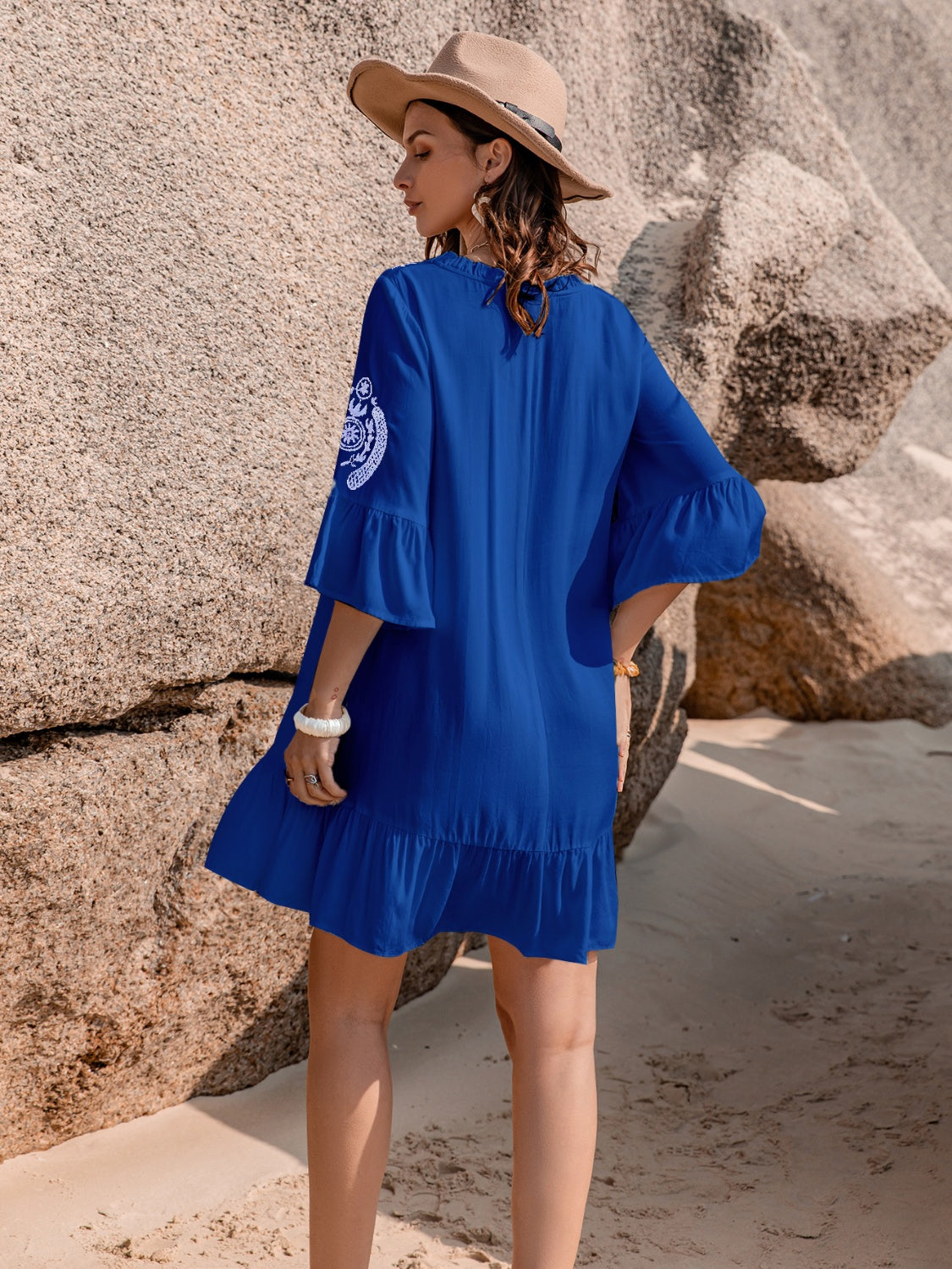 Printed Tie Neck Flounce Sleeve Mini Dress Trandify deal