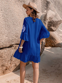 Printed Tie Neck Flounce Sleeve Mini Dress Trandify deal
