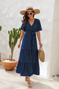 Swiss Dot Tied Surplice Short Sleeve Dress Trandify deal
