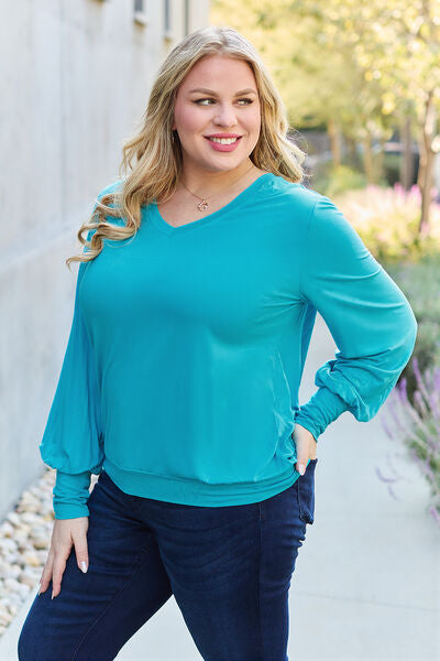 Basic Bae Full Size V-Neck Lantern Sleeve Blouse Trandify deal