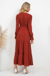 Swiss Dot Tied Surplice Flounce Sleeve Dress Trandify deal