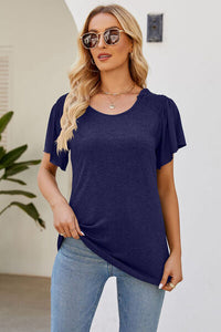 Smocked Round Neck Flutter Sleeve T-Shirt Trandify deal