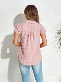 Swiss Dot Button Up Cap Sleeve Shirt Trandify deal
