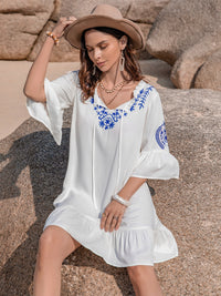 Printed Tie Neck Flounce Sleeve Mini Dress Trandify deal