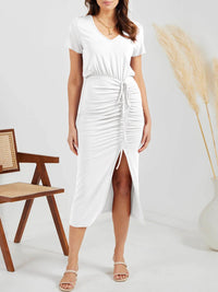 Ruched Slit V-Neck Short Sleeve Dress Trandify deal