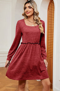Frill Square Neck Long Sleeve Dress Trandify deal