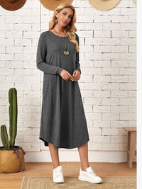 Pocketed Round Neck Long Sleeve Tee Dress Trandify deal