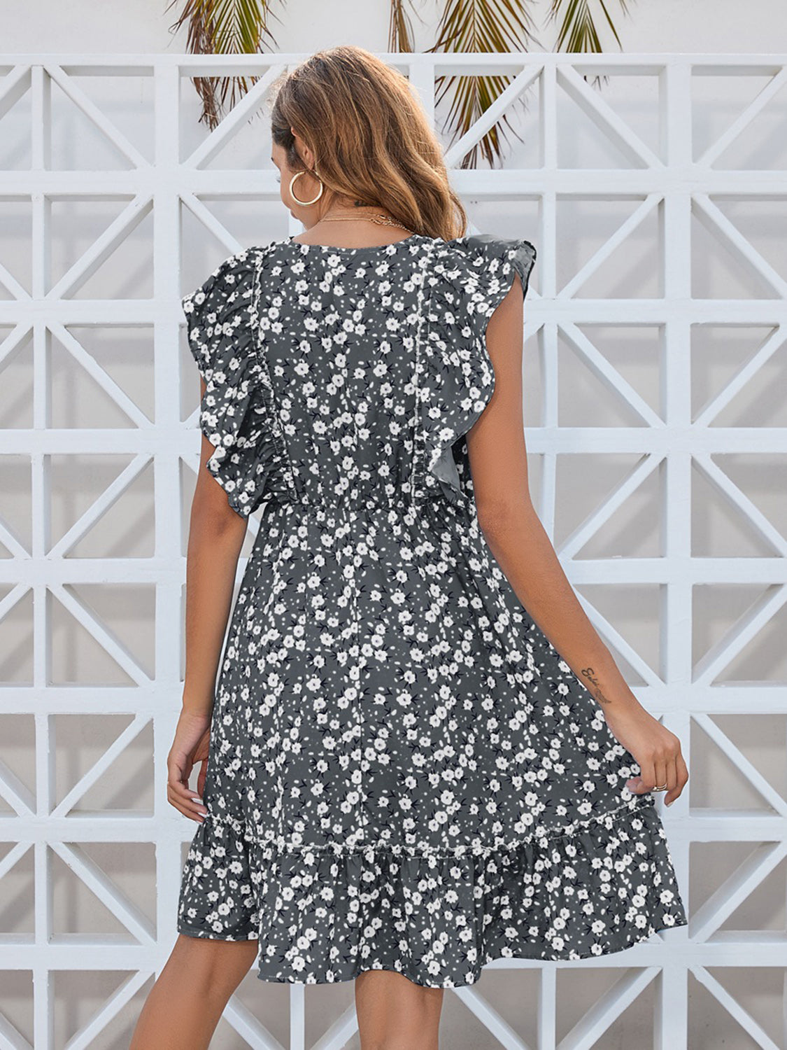 Ruffled Ditsy Floral Surplice Mini Dress Trandify deal