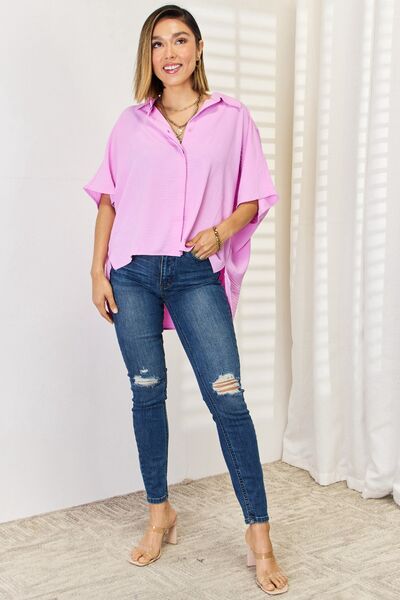 Zenana Texture Button Up Short Sleeve High-Low Shirt Trandify deal