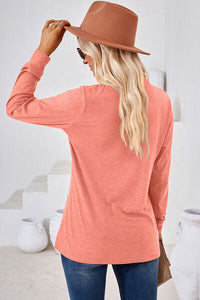 Notched Button Detail Long Sleeve T-Shirt Trandify deal