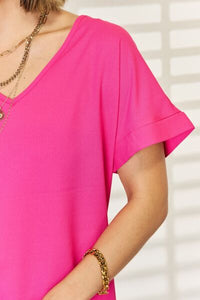 Zenana V-Neck Rolled Short Sleeve T-Shirt Trandify deal