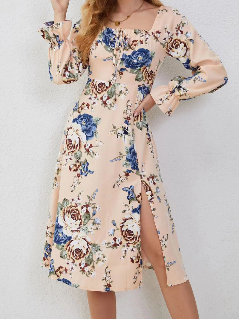 Slit Printed Square Neck Flounce Sleeve Dress Trandify deal