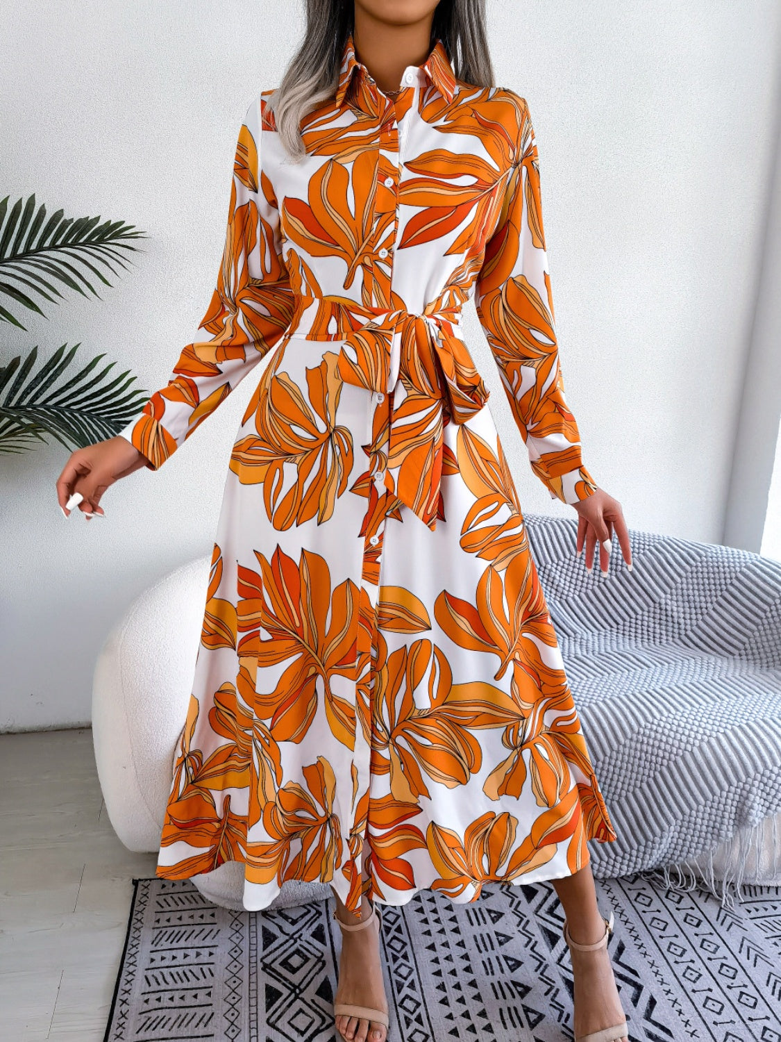 Tied Button Up Long Sleeve Dress Trendsi