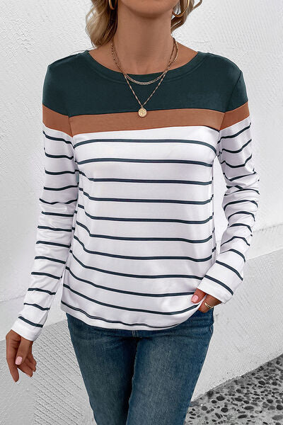 Perfee Striped Round Neck Long Sleeve T-Shirt Trandify deal