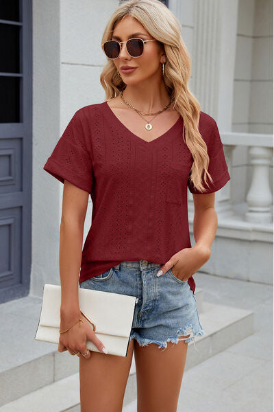 Eyelet V-Neck Short Sleeve T-Shirt Trandify deal