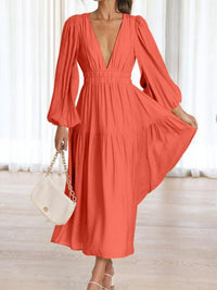 Deep V-Neck Balloon Sleeve Plain Maxi Dress Trandify deal