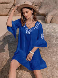 Printed Tie Neck Flounce Sleeve Mini Dress Trandify deal