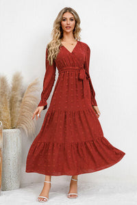 Swiss Dot Tied Surplice Flounce Sleeve Dress Trandify deal