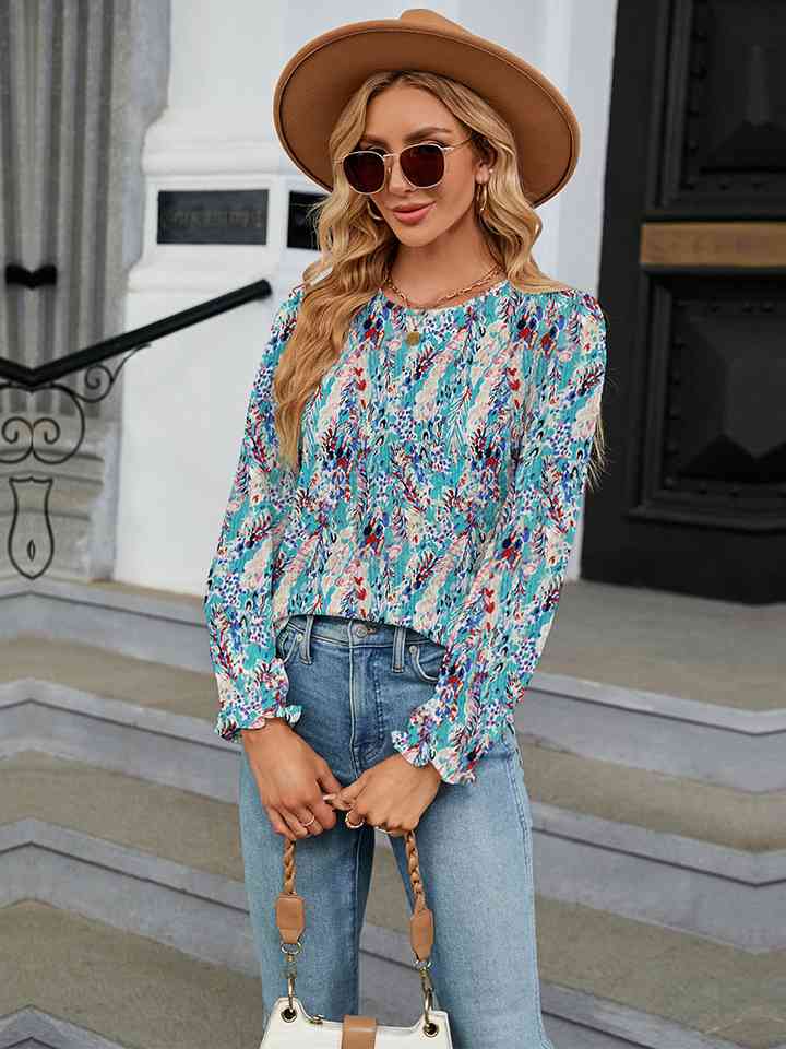 Printed Round Neck Flounce Sleeve Blouse Trandify deal