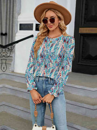 Printed Round Neck Flounce Sleeve Blouse Trandify deal