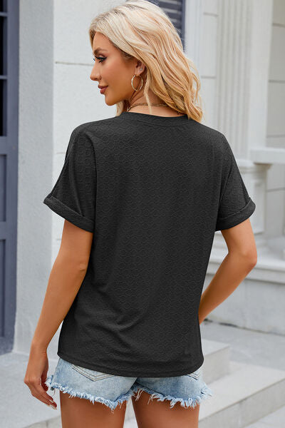 Eyelet Notched Short Sleeve T-Shirt Trandify deal