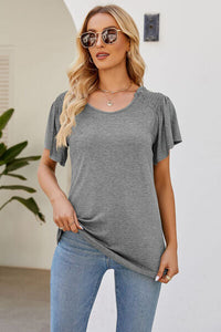 Smocked Round Neck Flutter Sleeve T-Shirt Trandify deal