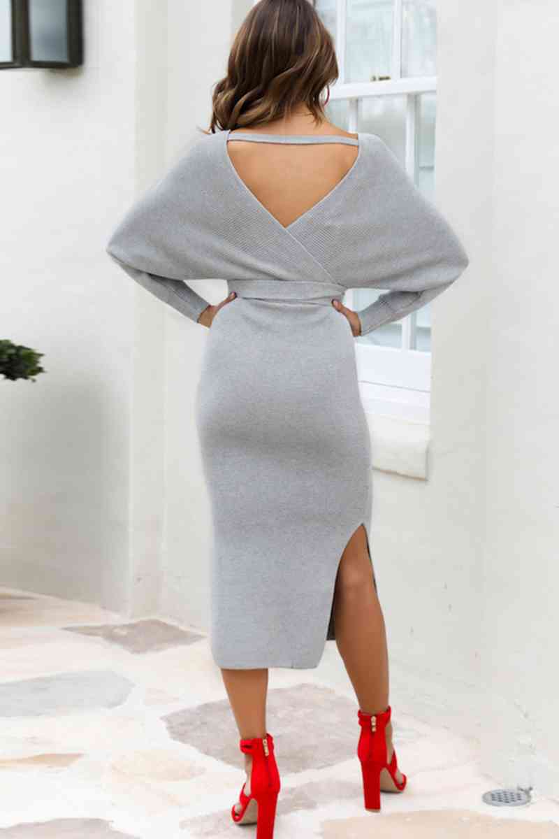 Surplice Neck Bow Waist Slit Sweater Dress Trandify deal
