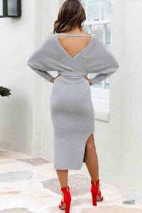 Surplice Neck Bow Waist Slit Sweater Dress Trandify deal