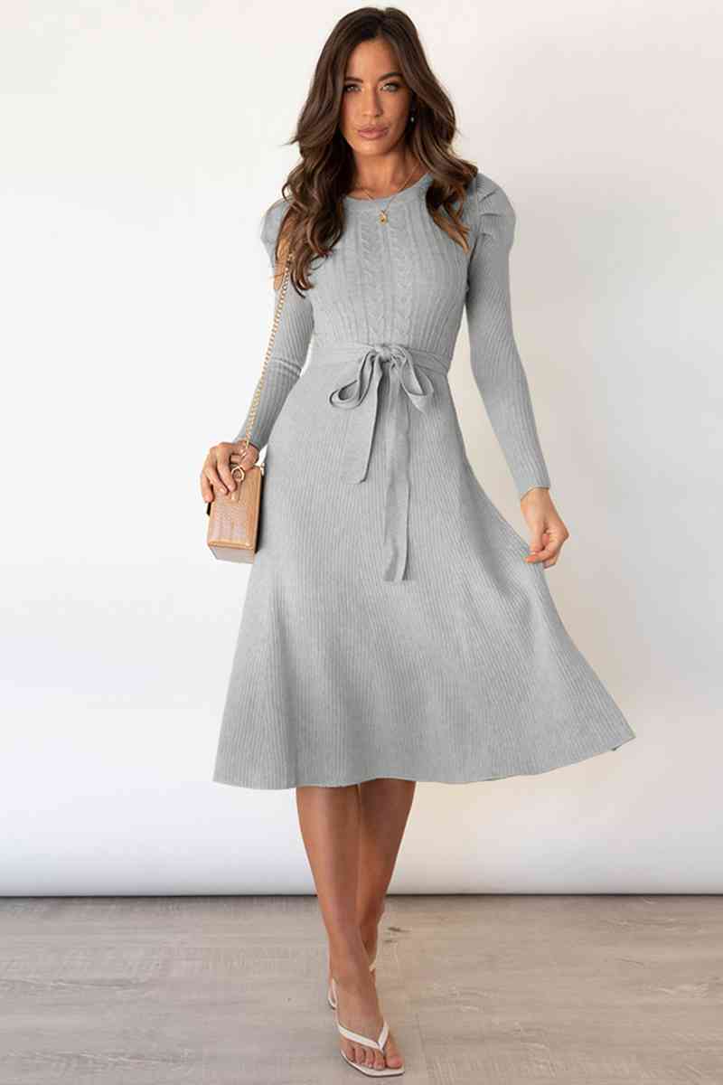 Round Neck Long Sleeve Tie Waist Sweater Dress Trandify deal