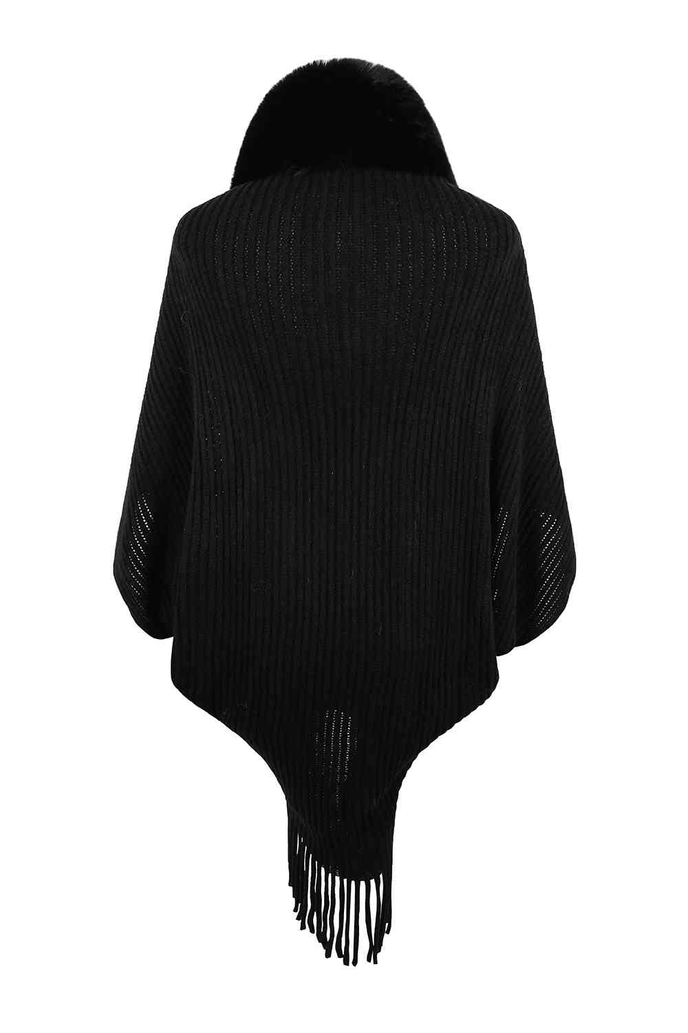 Fringe Detail Long Sleeve Ribbed Poncho Trandify deal