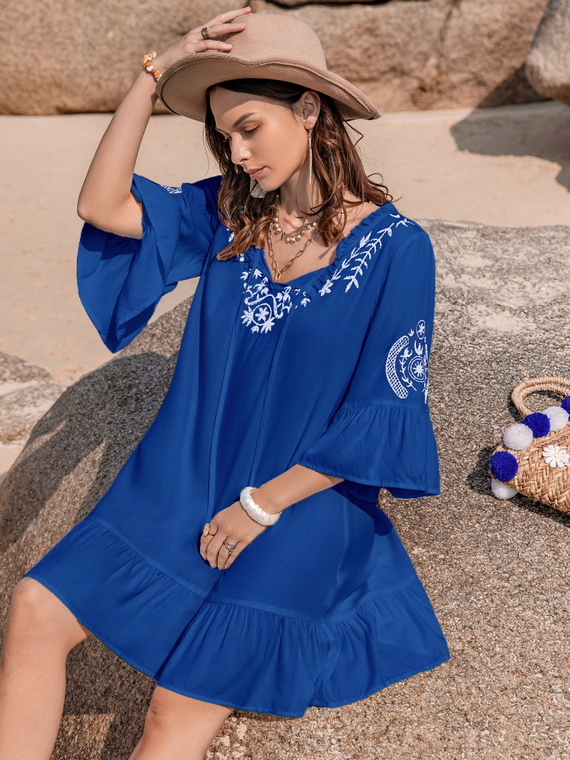 Printed Tie Neck Flounce Sleeve Mini Dress Trandify deal