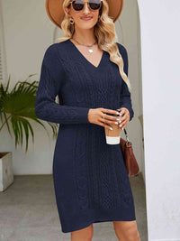 Cable-Knit V-Neck Mini Sweater Dress Trandify deal