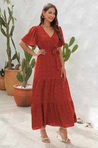 Swiss Dot Tied Surplice Short Sleeve Dress Trandify deal