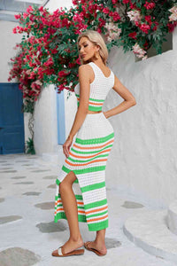 Striped Openwork Cropped Tank and Split Skirt Set Trandify deal