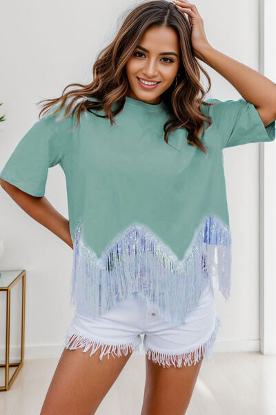 Fringe Round Neck Short Sleeve T-Shirt Trandify deal
